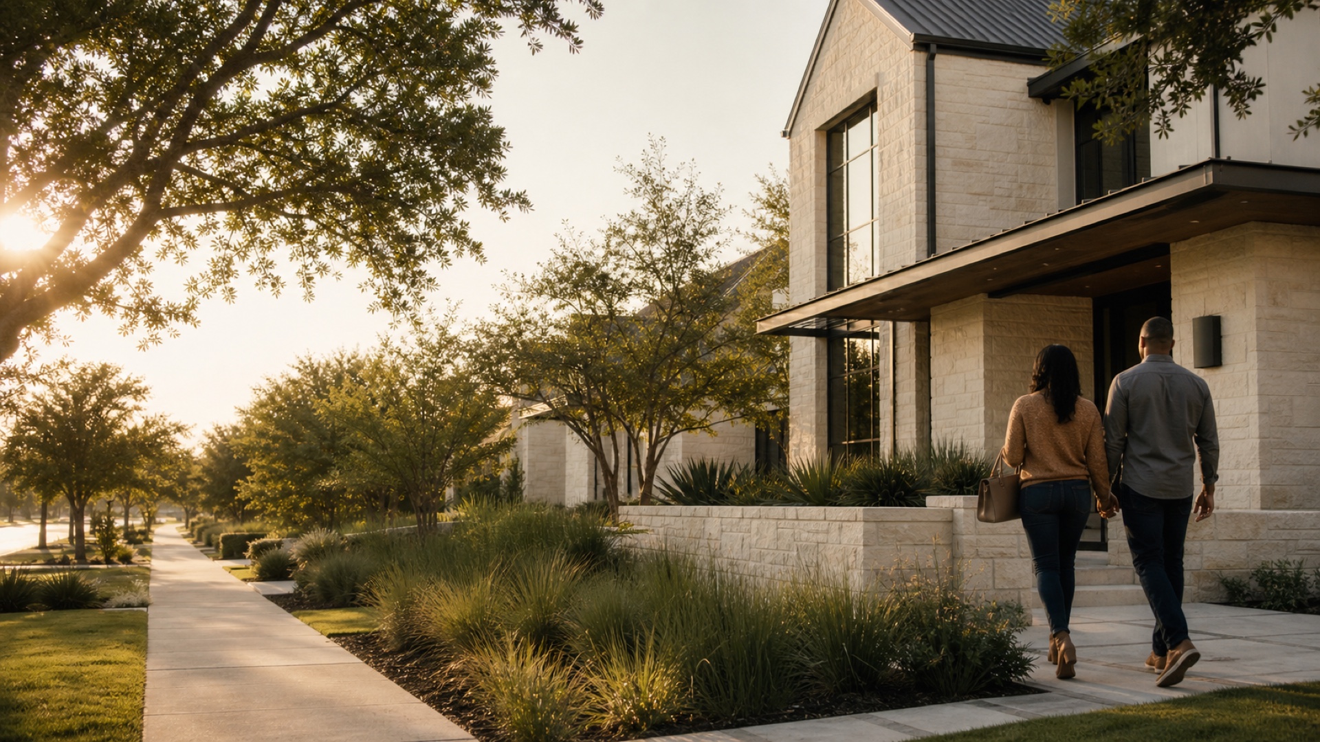 Homebuyers approaching a modern Central Texas home