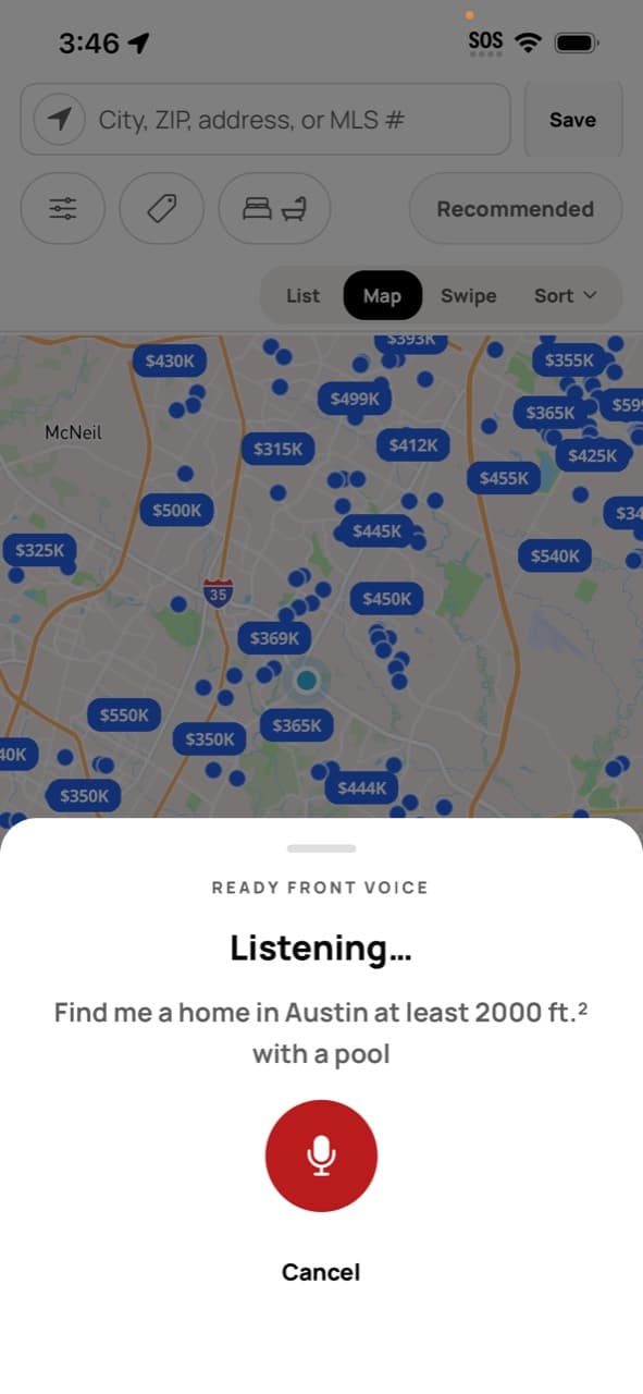 Say it. The app does it. — Ready Front Real Estate app screen